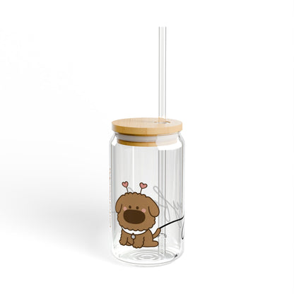 iTsChoCoBu Joyful Dog 16oz Glass Sipper with Bamboo Lid