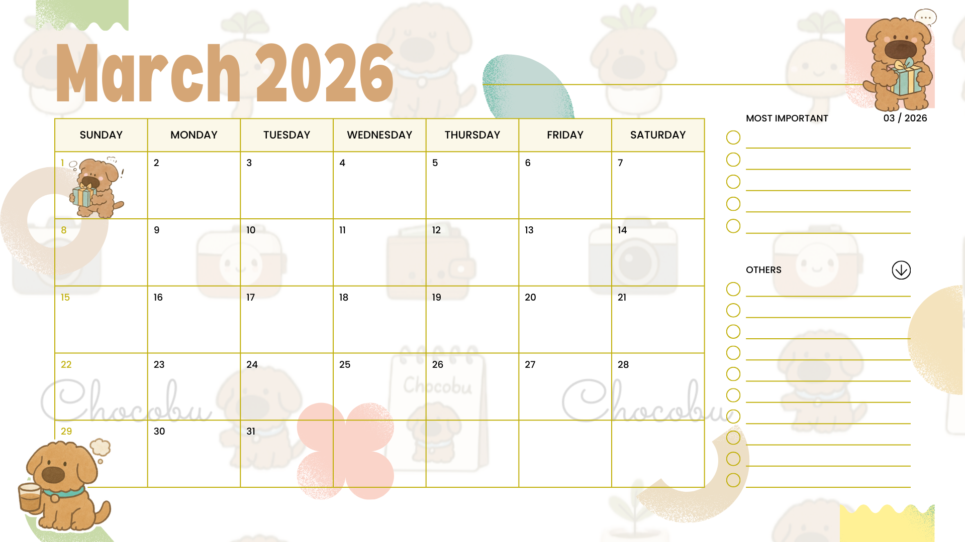 Calendar for March 2026 with cartoon animals and checkboxes.