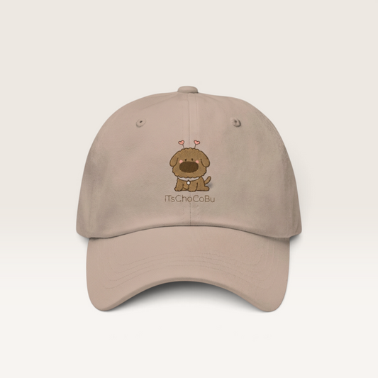 iTsChoCoBu 101 low-profile chino cotton twill baseball cap in beige with a cute embroidered puppy graphic