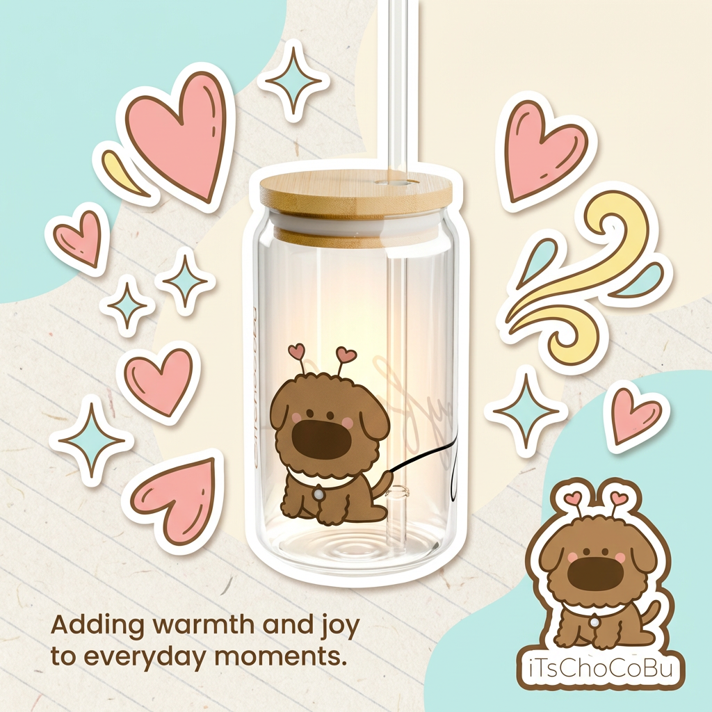 iTsChoCoBu Joyful Dog 16oz Glass Sipper with Bamboo Lid