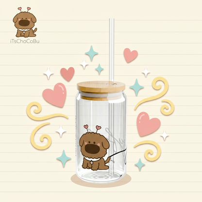 iTsChoCoBu Joyful Dog 16oz Glass Sipper with Bamboo Lid