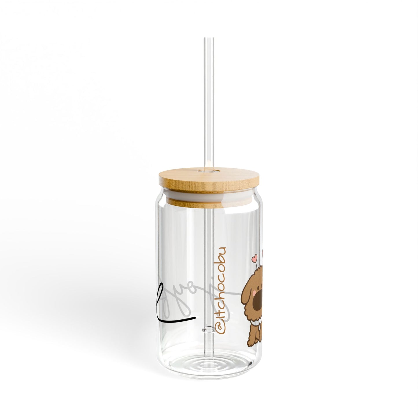 iTsChoCoBu Joyful Dog 16oz Glass Sipper with Bamboo Lid