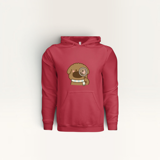 iTsChoCoBu Lupa II red hooded sweatshirt featuring a cute cartoon brown dog with a magnifying glass and scarf
