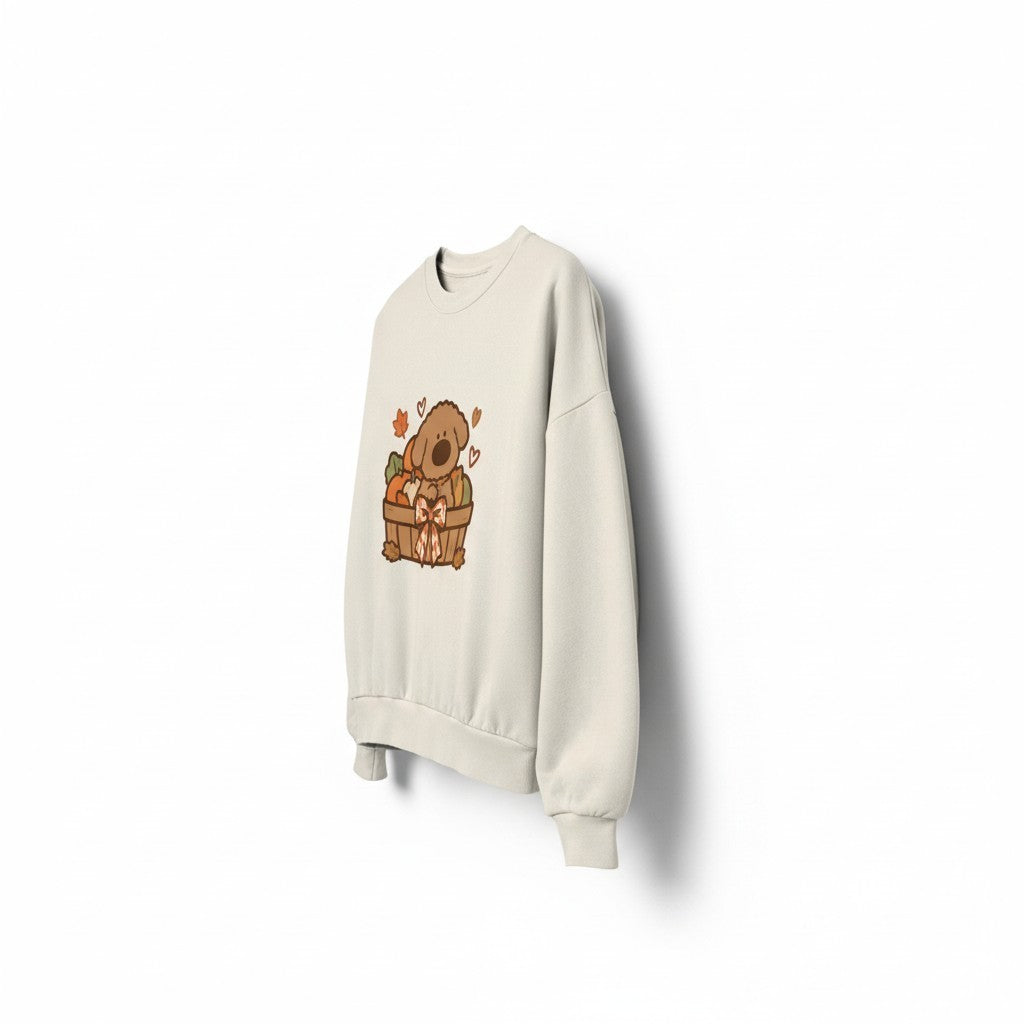 iTsChoCoBu Autumn Basket beige sweatshirt featuring a cute puppy in a fall-themed basket graphic