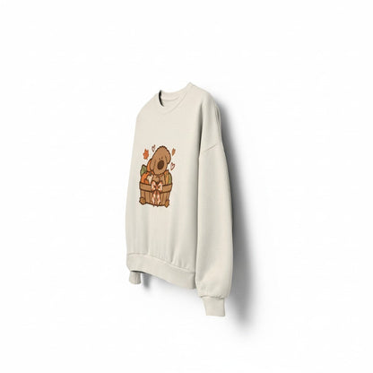 iTsChoCoBu Autumn Basket beige sweatshirt featuring a cute puppy in a fall-themed basket graphic