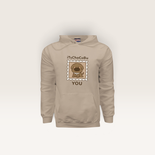 iTsChoCoBu beige cotton pullover hoodie featuring a cute dog stamp graphic and You text on the front