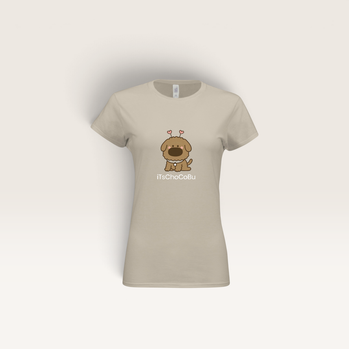 iTsChoCoBu women's fitted tee in beige cotton featuring a cute cartoon dog graphic with heart antennae