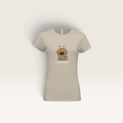 iTsChoCoBu women's fitted tee in beige cotton featuring a cute cartoon dog graphic with heart antennae