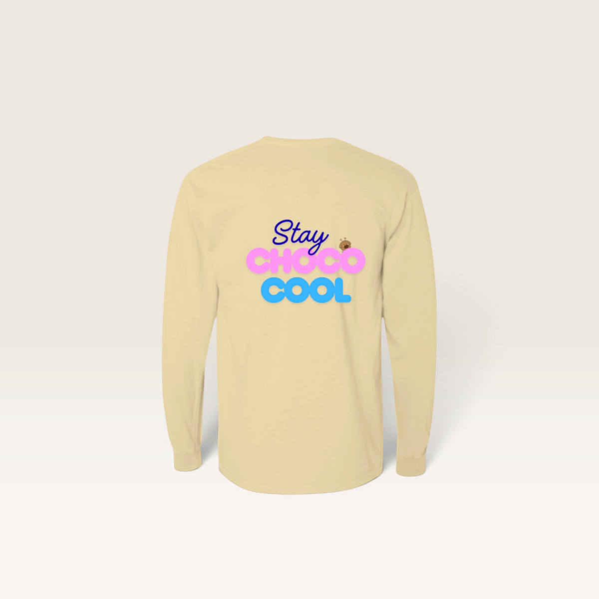 iTsChoCoBu long sleeve cotton t-shirt in beige with Stay Choco Cool graphic print on the back