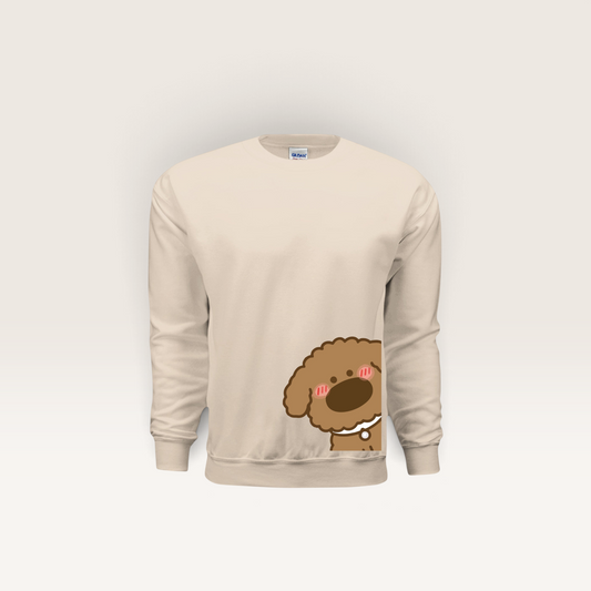 iTsChoCoBu HELLO YOU beige fleece crewneck sweatshirt featuring a cute brown poodle graphic on the bottom right.