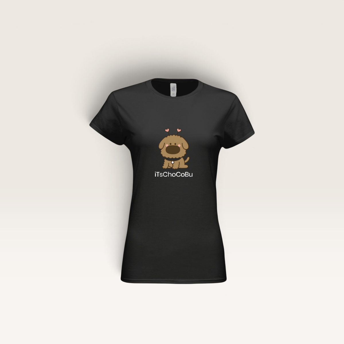 iTsChoCoBu black fitted women's cotton t-shirt featuring a cute brown puppy graphic with small pink hearts.