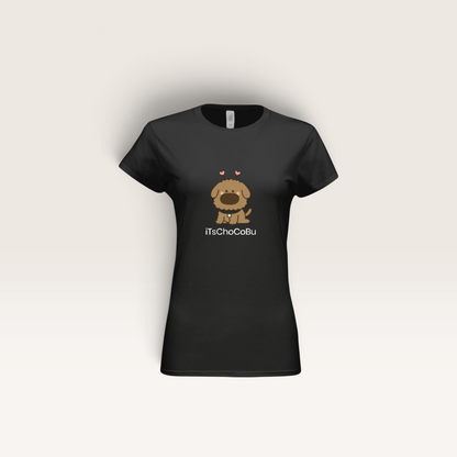 iTsChoCoBu black fitted women's cotton t-shirt featuring a cute brown puppy graphic with small pink hearts.