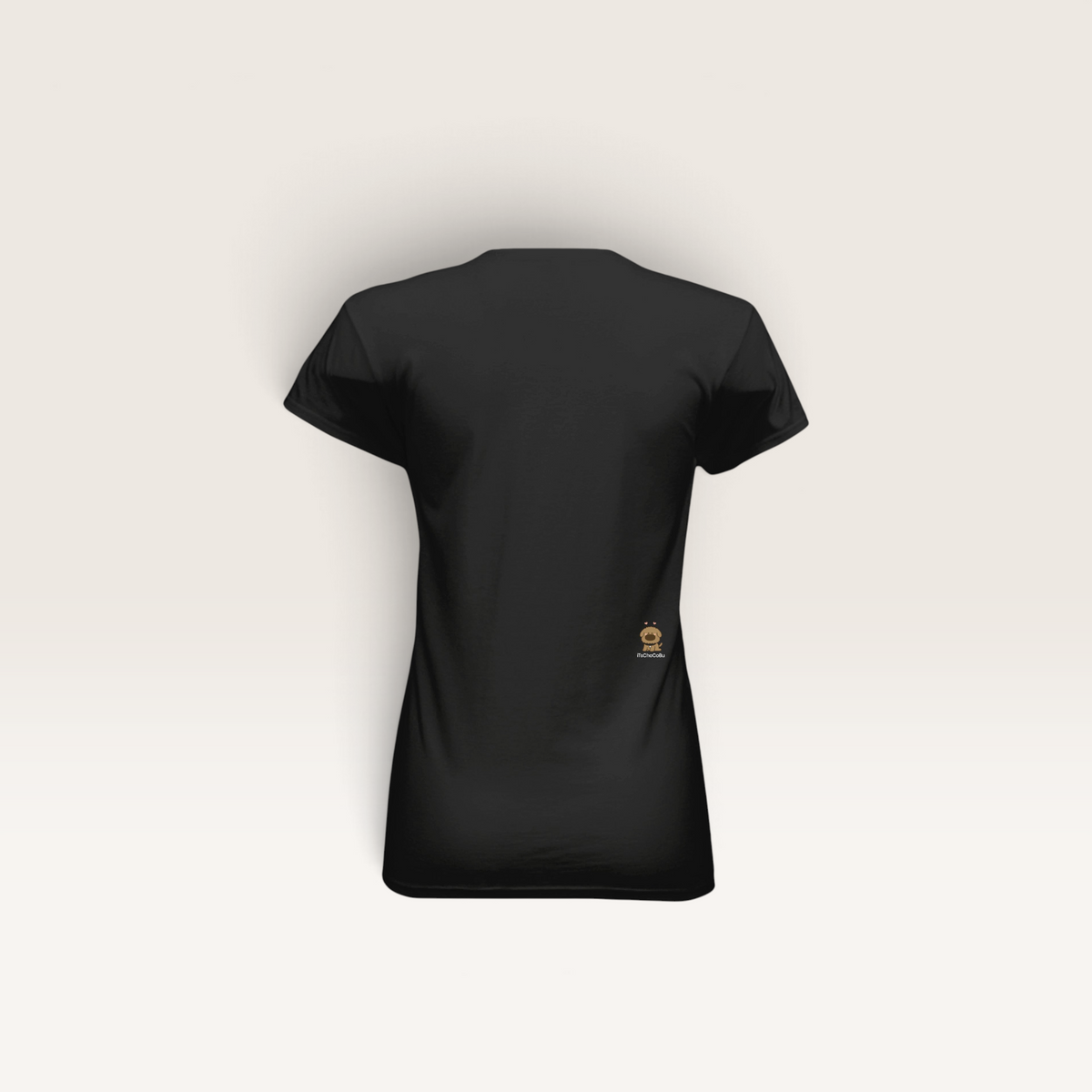 Back view of a black iTsChoCoBu fitted women's t-shirt with short cap sleeves and a small pug logo on the side.