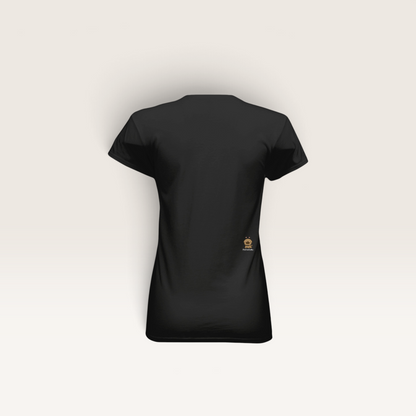Back view of a black iTsChoCoBu fitted women's t-shirt with short cap sleeves and a small pug logo on the side.