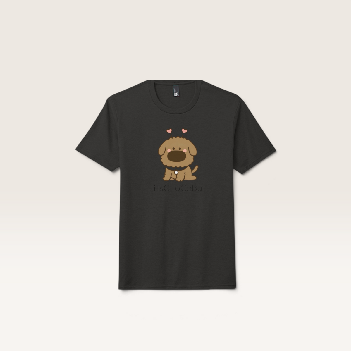 iTsChoCoBu unisex black tri-blend t-shirt featuring a cute brown puppy graphic with small pink hearts above its head.