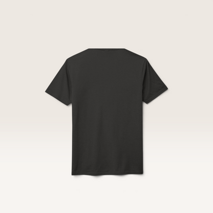Back view of a plain black iTsChoCoBu unisex tri-blend t-shirt with a rib-knit neck and short sleeves.