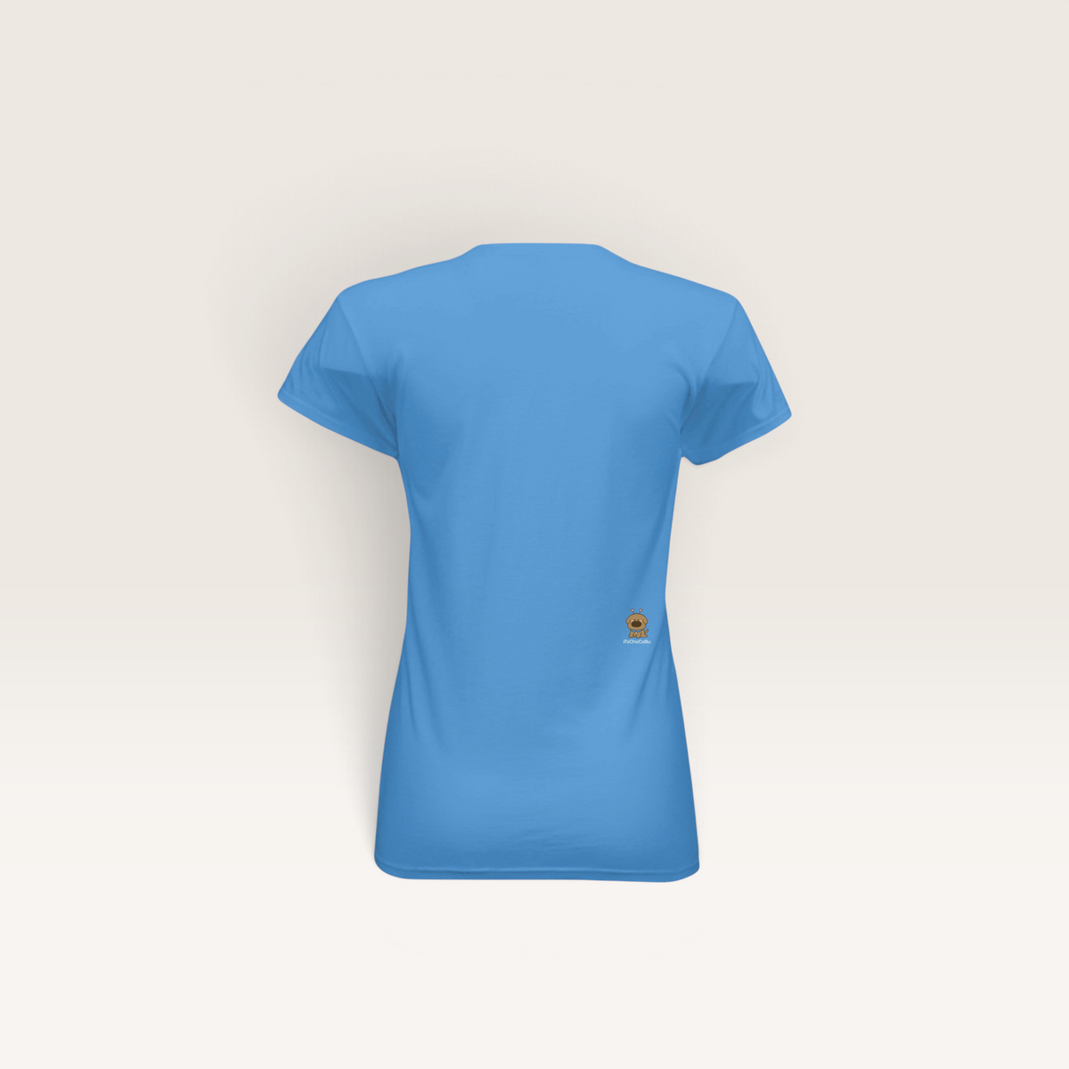 Back view of a blue iTsChoCoBu fitted women's t-shirt with short cap sleeves and a small dog logo on the lower side.