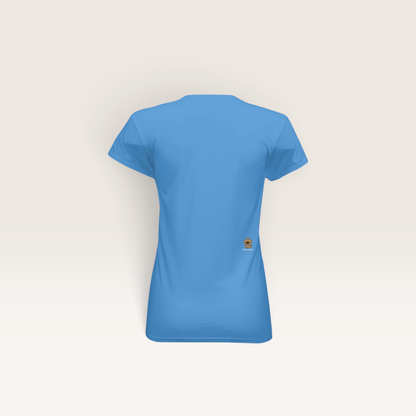 Back view of a blue iTsChoCoBu fitted women's t-shirt with short cap sleeves and a small dog logo on the lower side.