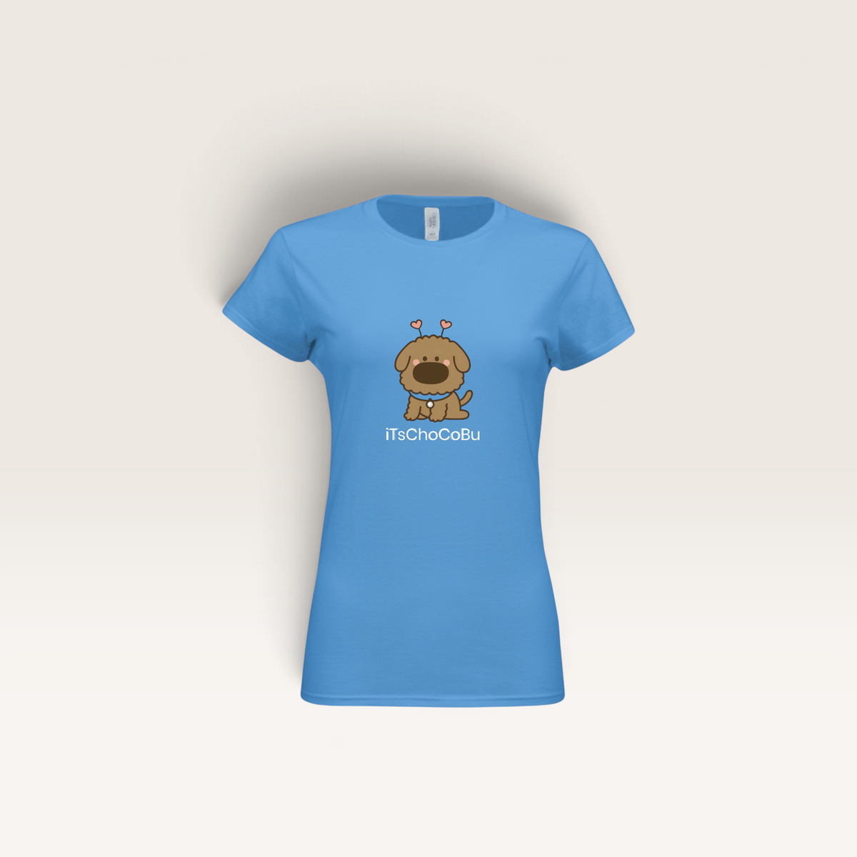 iTsChoCoBu fitted women's blue t-shirt featuring a cute cartoon puppy graphic with heart antennae