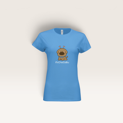 iTsChoCoBu fitted women's blue t-shirt featuring a cute cartoon puppy graphic with heart antennae