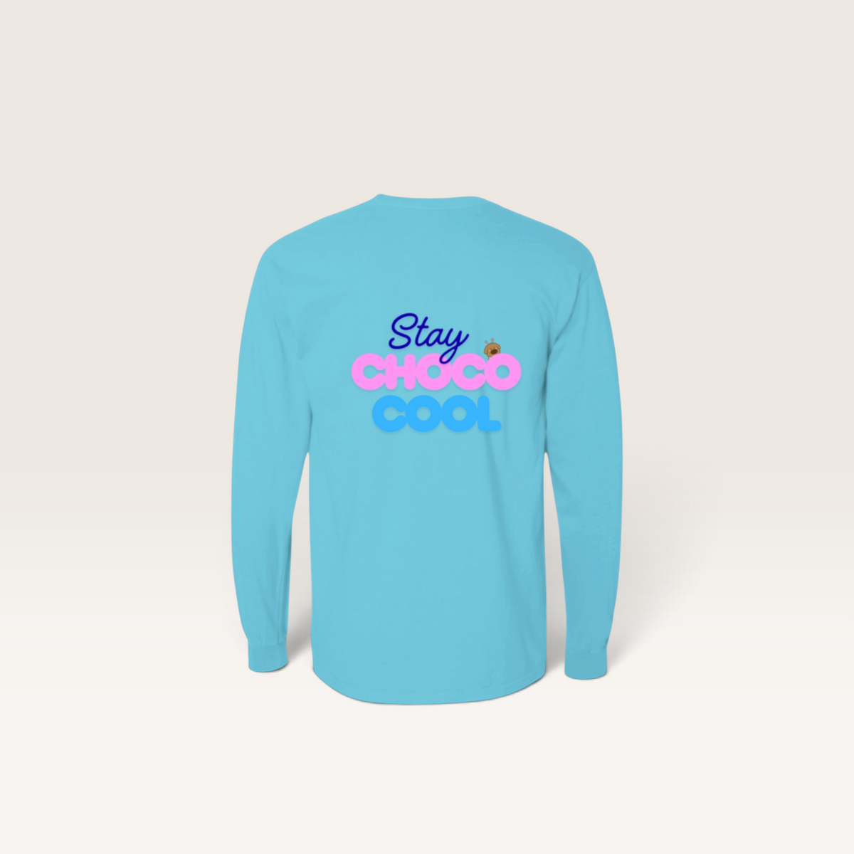 Back view of iTsChoCoBu light blue long sleeve cotton t-shirt with Stay Choco Cool graphic print