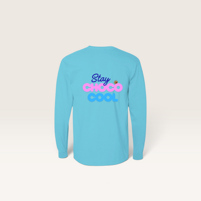 Back view of iTsChoCoBu light blue long sleeve cotton t-shirt with Stay Choco Cool graphic print