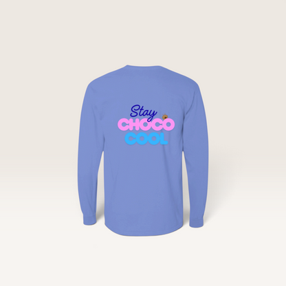 Back view of iTsChoCoBu long sleeve cotton t-shirt in periwinkle blue with Stay Choco Cool graphic print