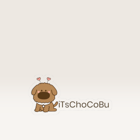 iTsChoCoBu glossy vinyl sticker featuring a cute brown puppy with heart-tipped antennae on a white background