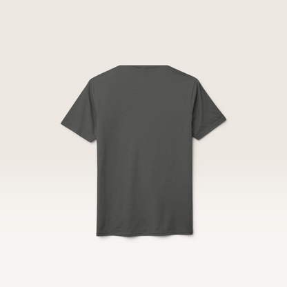 iTsChoCoBu unisex tri-blend t-shirt in dark grey, back view showing short sleeves and crew neck design.