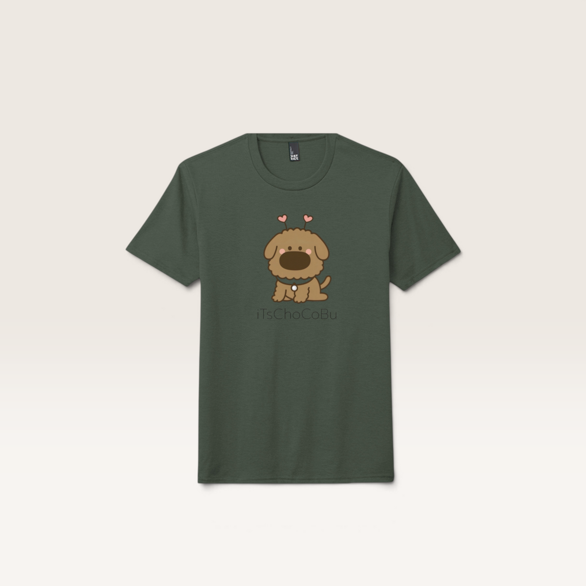 iTsChoCoBu unisex tri-blend t-shirt in dark green featuring a cute brown puppy illustration with heart antennae.