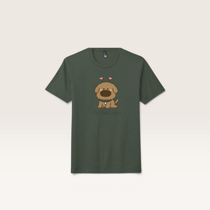 iTsChoCoBu unisex tri-blend t-shirt in dark green featuring a cute brown puppy illustration with heart antennae.