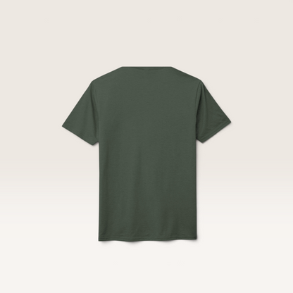 iTsChoCoBu unisex dark green tri-blend t-shirt, back view, featuring a soft rib-knit neck and durable construction.