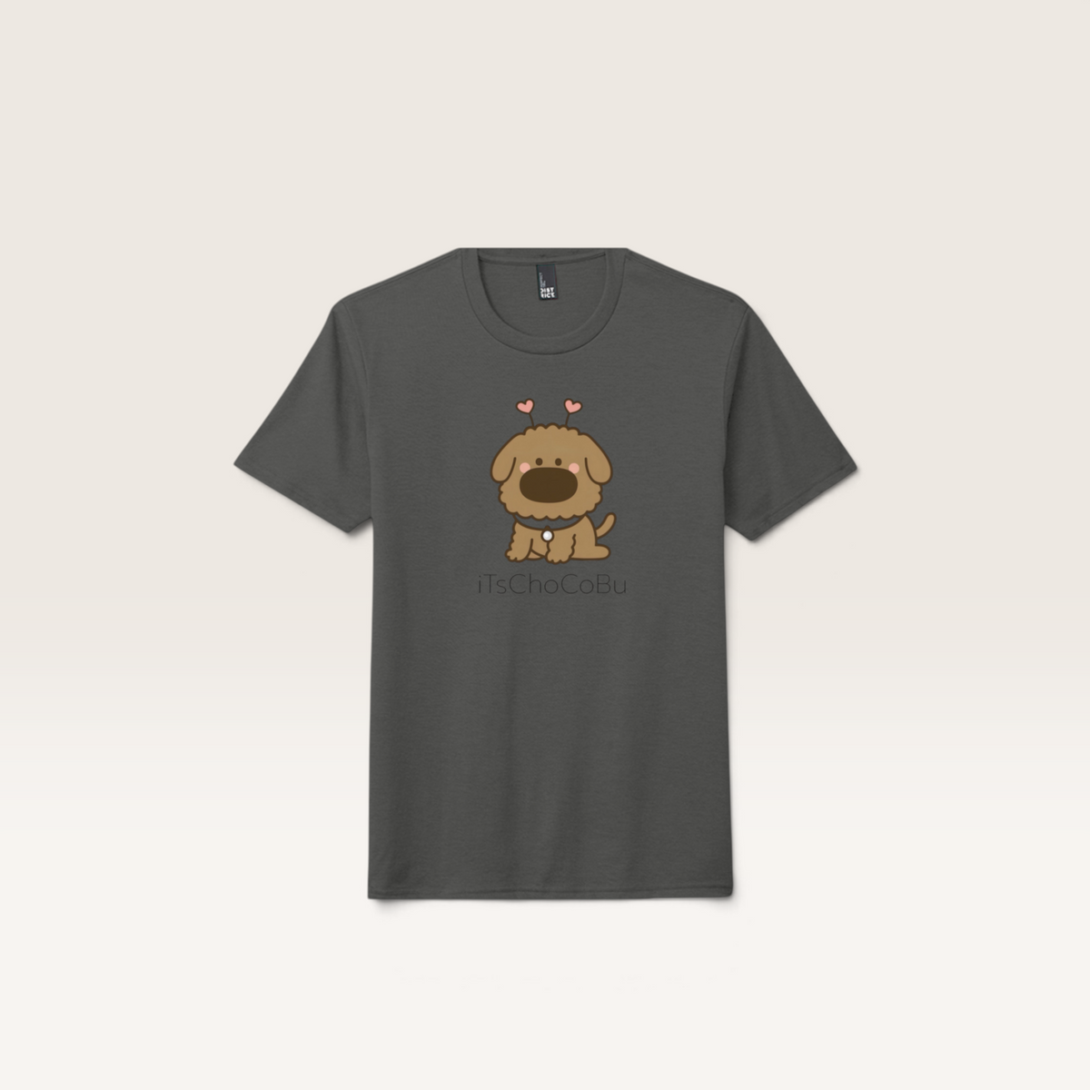 iTsChoCoBu unisex tri-blend charcoal grey t-shirt featuring a cute brown puppy illustration with heart antennae