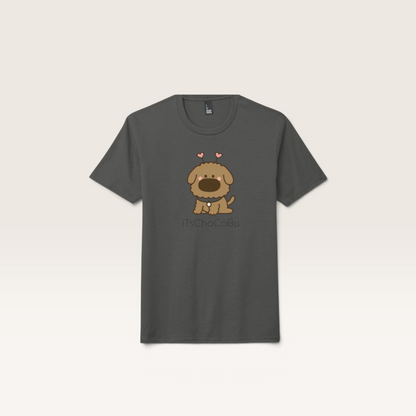 iTsChoCoBu unisex tri-blend charcoal grey t-shirt featuring a cute brown puppy illustration with heart antennae