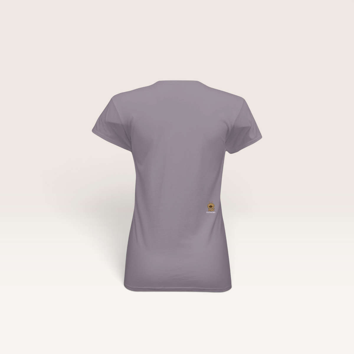 Back view of an iTsChoCoBu fitted women's tee in a muted purple cotton blend with a small dog logo on the lower side.