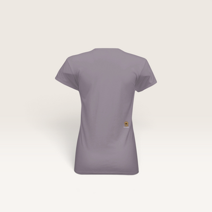 Back view of an iTsChoCoBu fitted women's tee in a muted purple cotton blend with a small dog logo on the lower side.