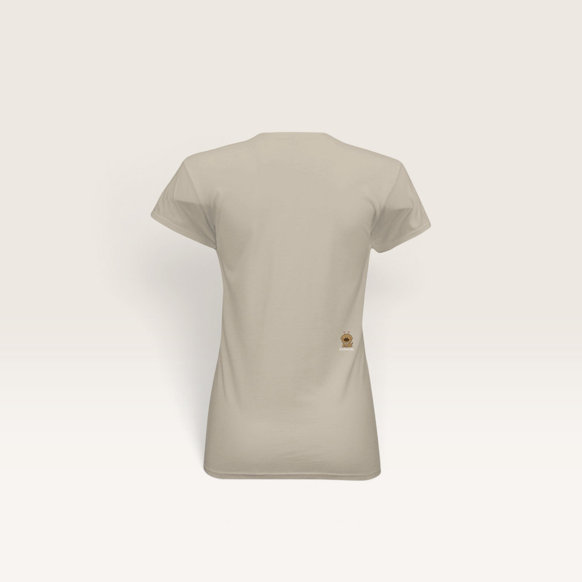 Back view of an iTsChoCoBu fitted women's tee in a neutral beige tone featuring a small cute dog graphic