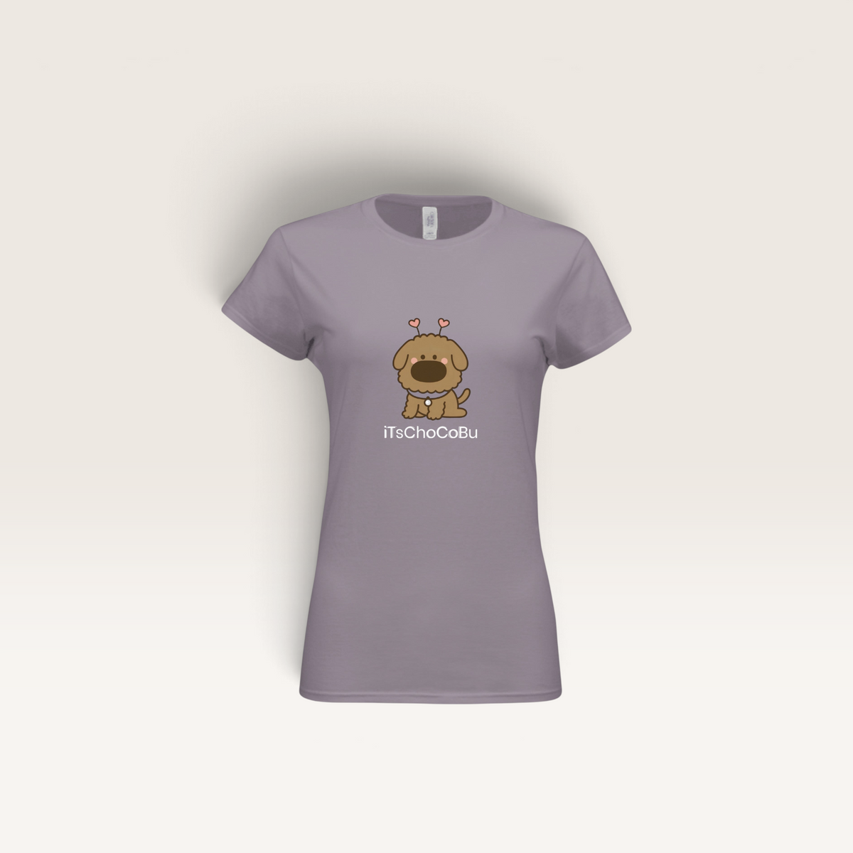iTsChoCoBu fitted women's tee in heather purple featuring a cute cartoon dog graphic with heart antennae.