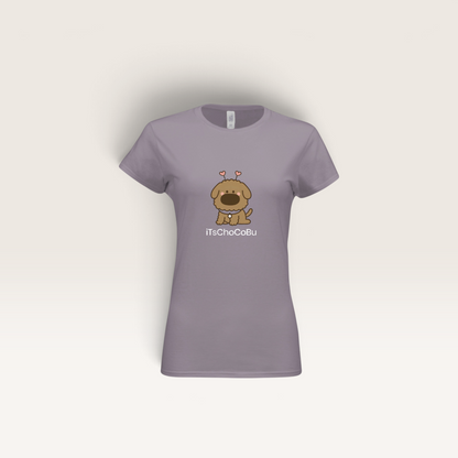 iTsChoCoBu fitted women's tee in heather purple featuring a cute cartoon dog graphic with heart antennae.