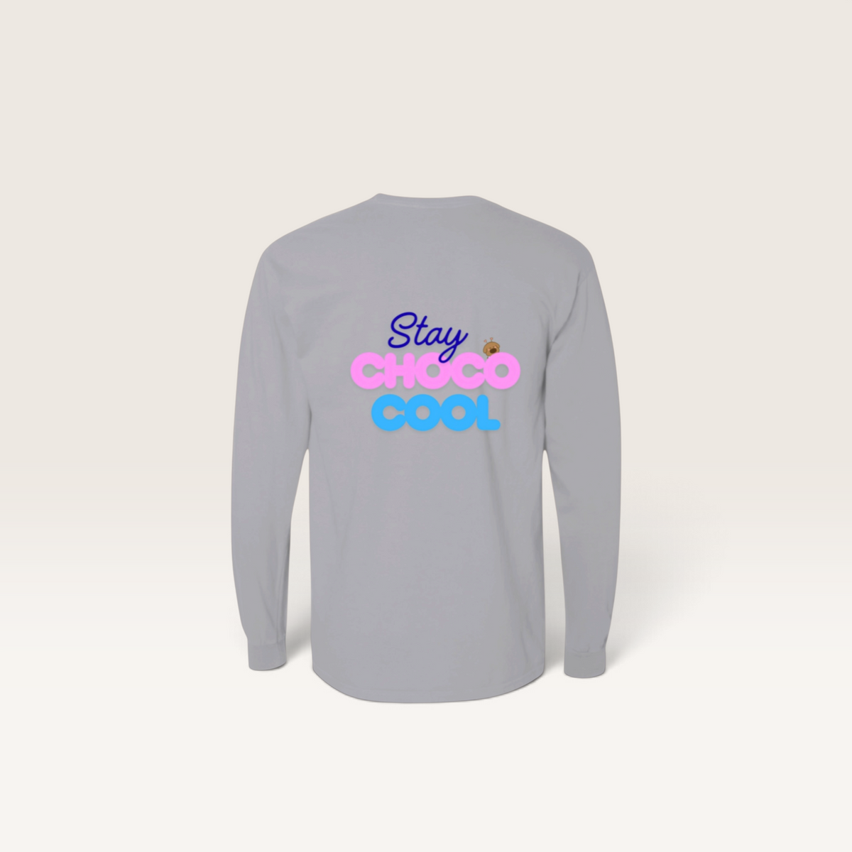 Back view of iTsChoCoBu grey long sleeve cotton t-shirt with Stay Choco Cool graphic print
