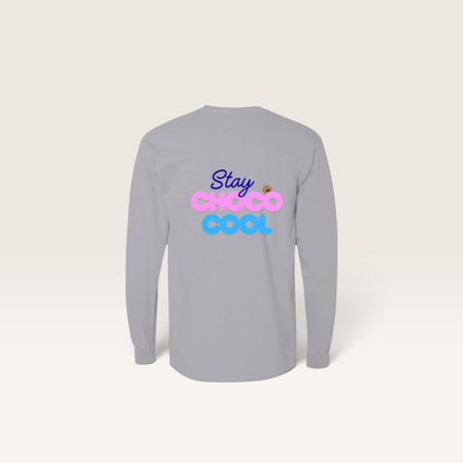Back view of iTsChoCoBu grey long sleeve cotton t-shirt with Stay Choco Cool graphic print
