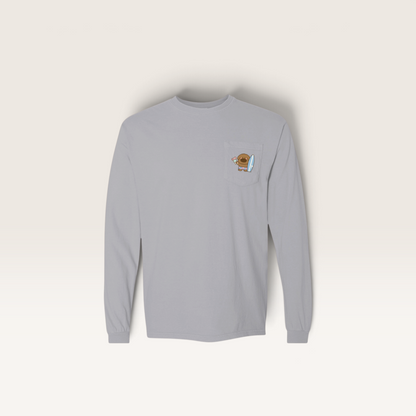 iTsChoCoBu grey long sleeve cotton t-shirt with a small graphic of a bear holding a surfboard on the chest pocket