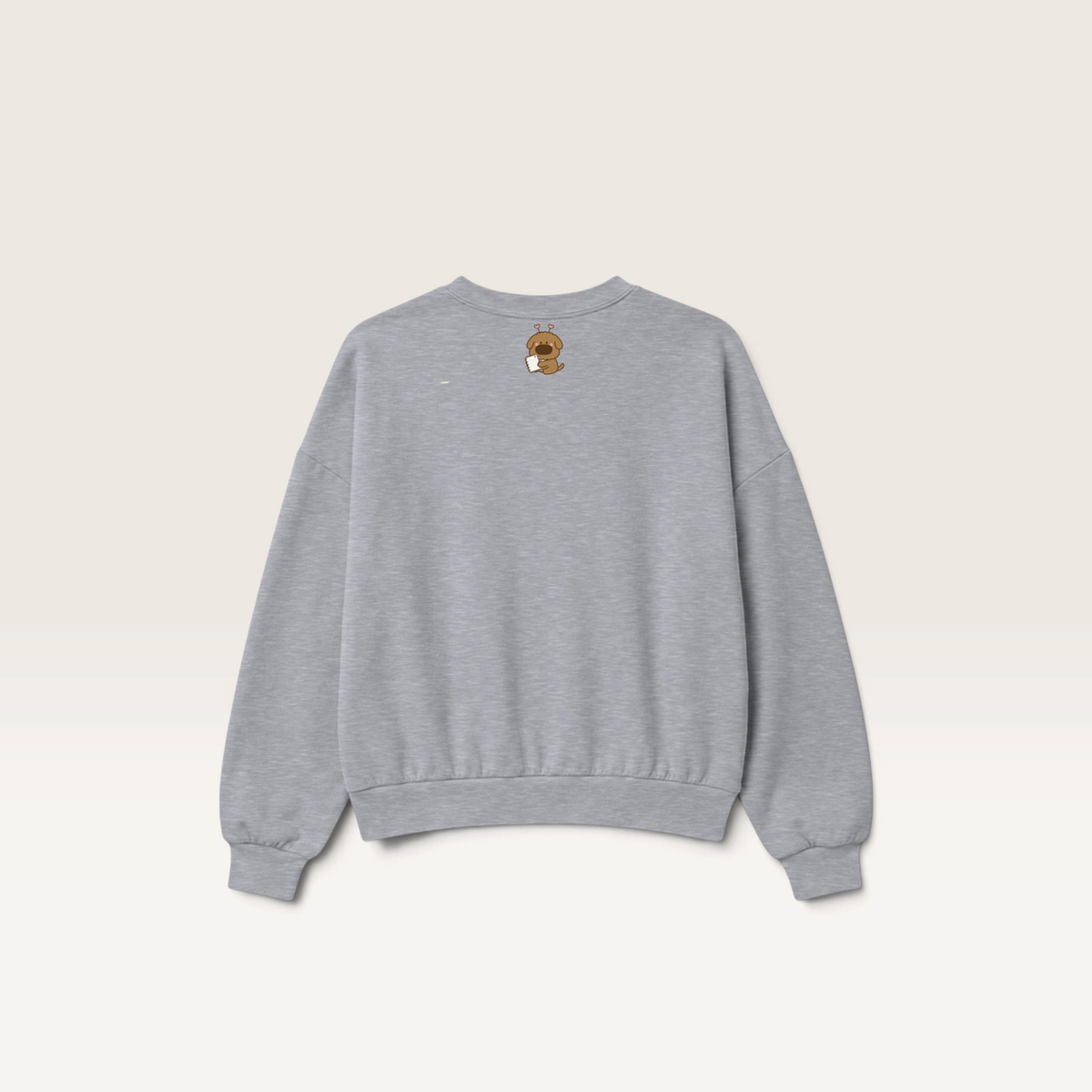iTsChoCoBu grey crewneck sweatshirt featuring a small puppy graphic on the back, perfect for cozy autumn style.