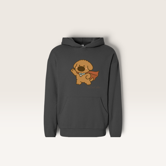 iTsChoCoBu Hero oversized dark grey cotton-blend pullover hoodie with a cute cartoon dog graphic and pouch pocket.