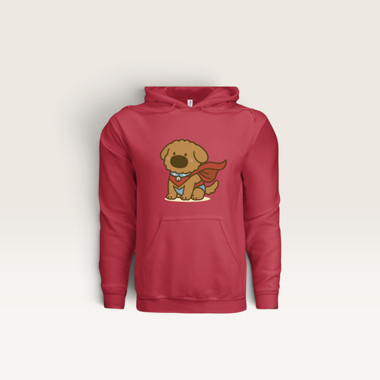 iTsChoCoBu Hero II red hooded sweatshirt featuring a cute cartoon superhero dog graphic on the front