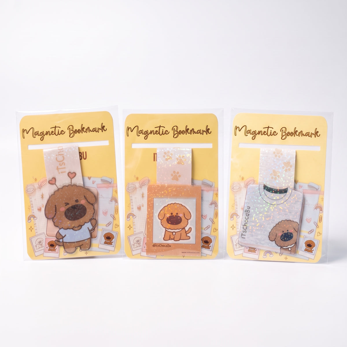 iTsChoCoBu set of three magnetic bookmarks featuring cute brown puppy illustrations with a holographic sparkle finish.
