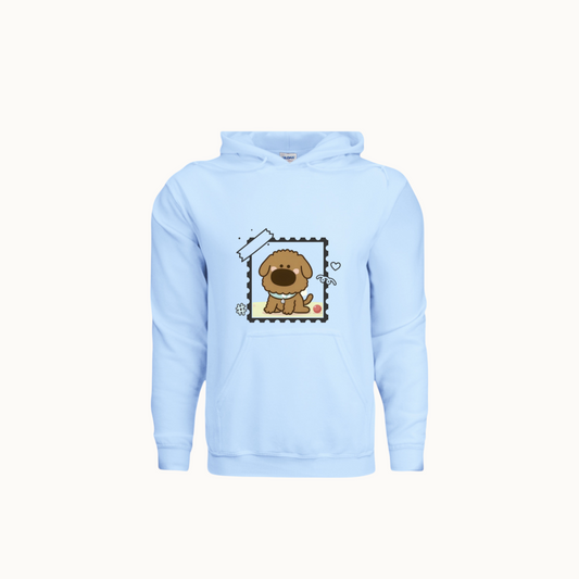 iTsChoCoBu You light blue hoodie featuring a cute brown dog illustration inside a stamp-style frame.
