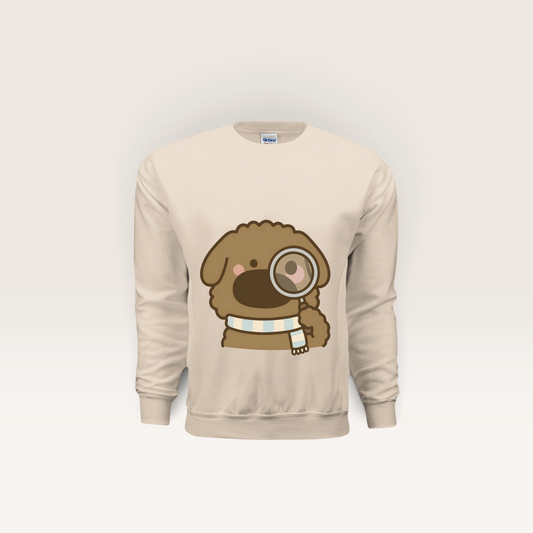 iTsChoCoBu Lupa beige crewneck sweatshirt featuring a cute brown dog illustration with a magnifying glass and scarf