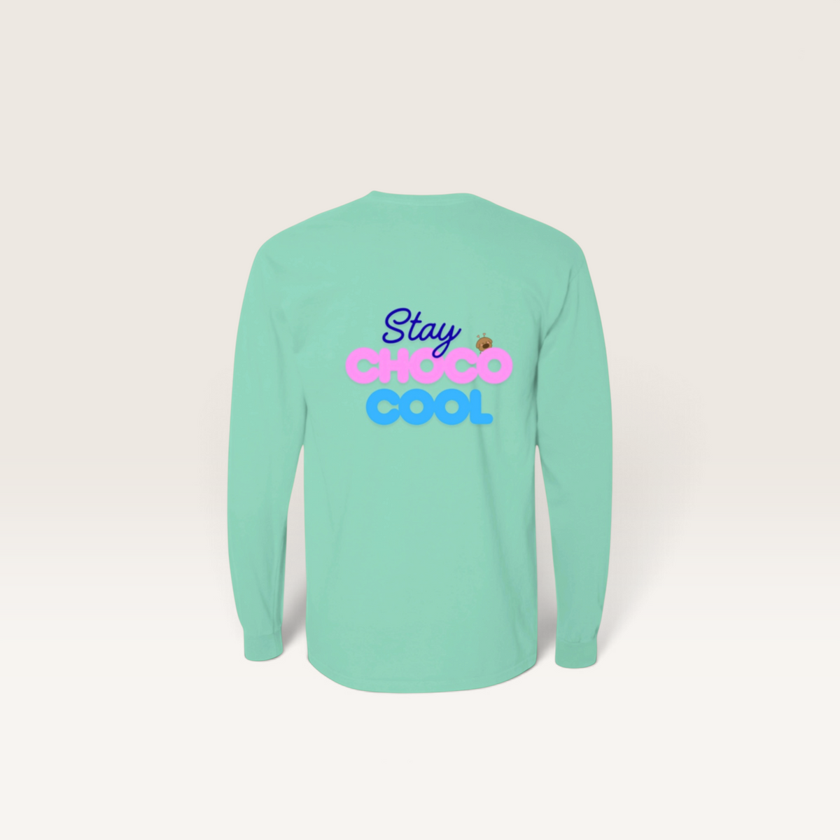 iTsChoCoBu mint green long sleeve cotton t-shirt with Stay Choco Cool graphic on the back