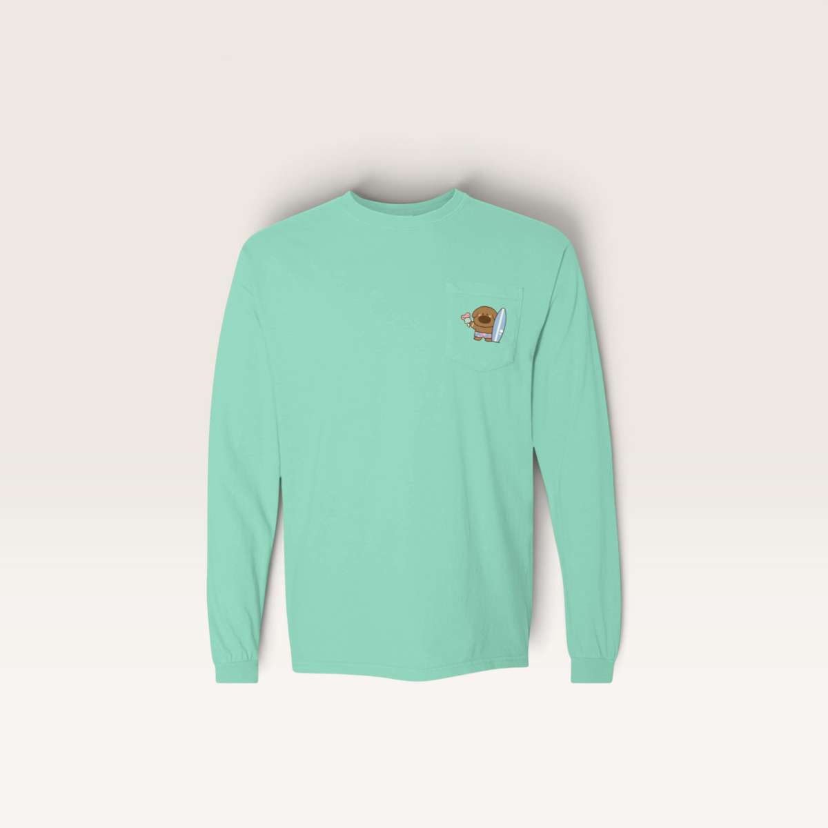 iTsChoCoBu mint green long-sleeve cotton t-shirt with a small graphic chest pocket and rib knit cuffs
